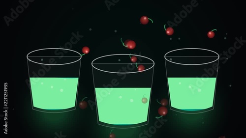 Three glasses with green liquid and cherries dark background