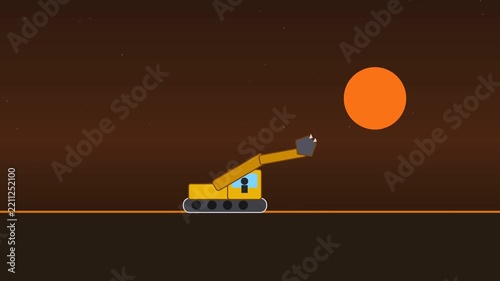 Yellow excavator digging at night with a large orange moon