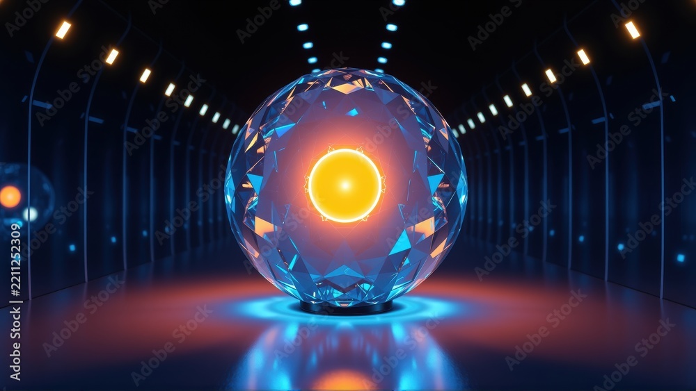 Fototapeta premium Futuristic tunnel showcases glowing sphere. Bright orange core radiates within crystalline structure. Dark backdrop emphasizes luminosity.