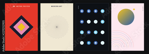 Minimalist geometric poster design collection featuring abstract shapes and modern vibrant color palettes for creative artistic visual branding