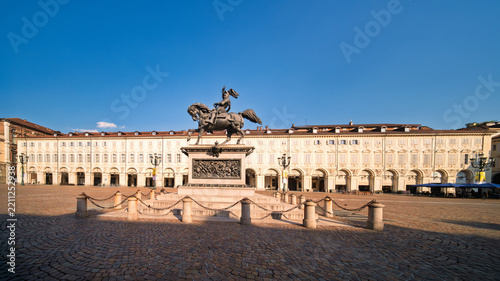 Turin Italy Piazza San Carlo historic square with Equestrian Monument of Emmanuel Philibert at sunny day