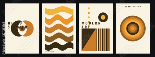 Set of abstract poster design templates featuring minimalist geometric shapes and retro inspired warm color palettes for modern interior wall art decor