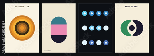 Collection of four minimalist abstract poster design sets featuring geometric shapes and colorful patterns for modern interior wall art decor