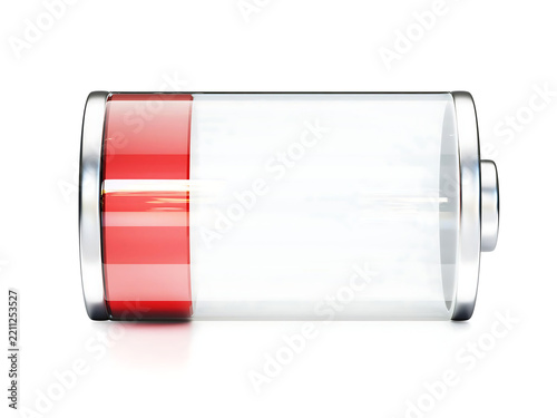 3D Glass Low Battery Icon Showing Red Empty Charge Level