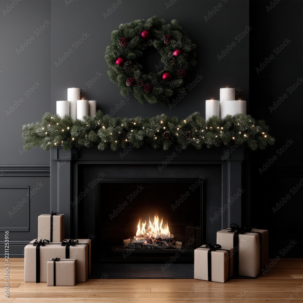 Fototapeta premium Christmas wreath pine garland candles fireplace wrapped gift black wall holiday cozy elegant