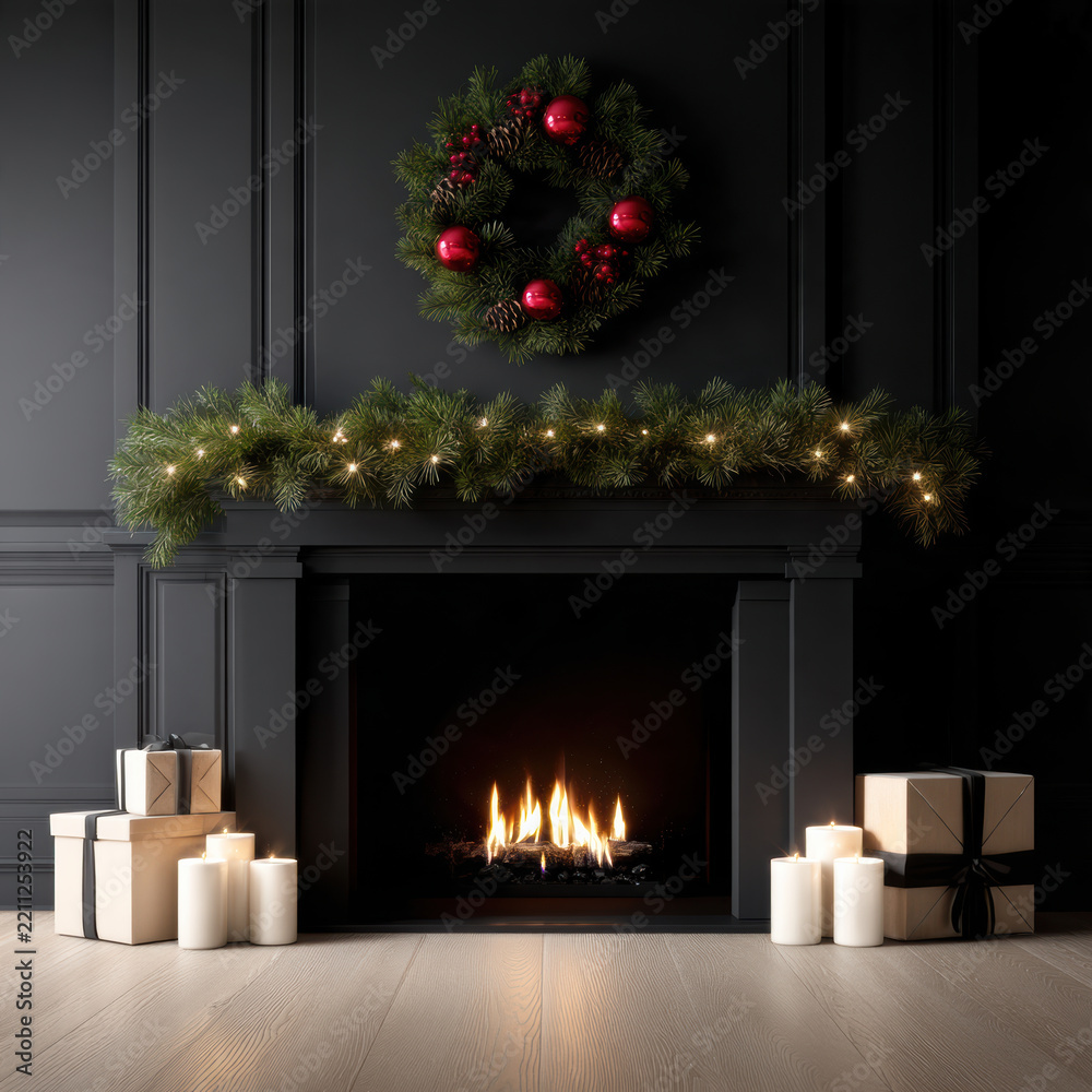 Fototapeta premium Christmas wreath pine garland fireplace candle gift black wall holiday cozy elegant festive warm winter