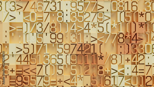 Vibrant 3D Text Blocks with Numbers and Symbols in Gradient Yellow, Orange, and Beige Tones, Abstract Digital Art with Textured Surface and Complex Arrangement