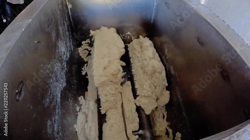 Making the mixture for tahu bulat (round tofu). A type of tofu originating from Indonesia.