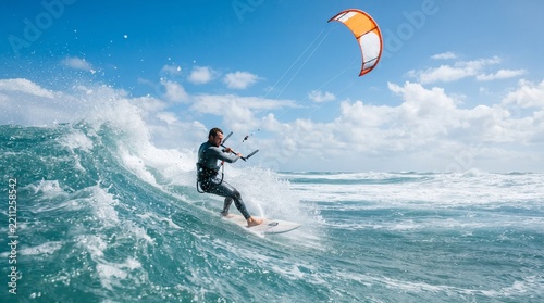 Kite Surfer Riding Ocean Wave