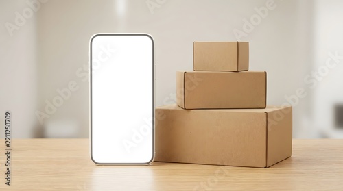 Modern smartphone with blank white screen next to stacked cardboard shipping boxes on wooden table surface