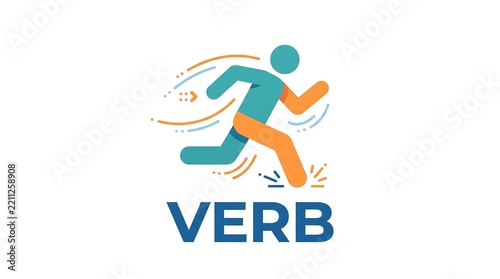Action verb vector graphic showing a running figure with dynamic speed lines for grammar study