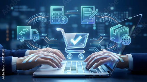 Person using laptop with digital e-commerce interface icons for online shopping and global logistics business processes
