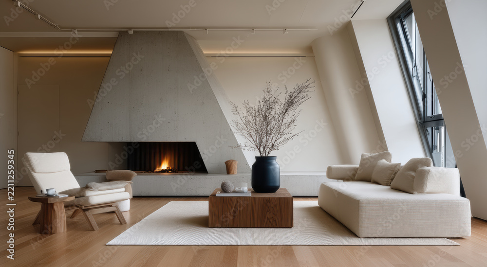 Fototapeta premium Modern minimalist living room with elegant fireplace, neutral sofa, wood table, cozy ambiance, natural light