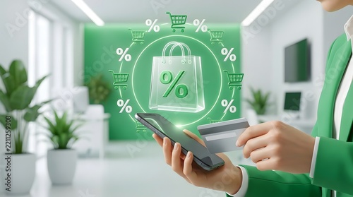 Person Using Smartphone for Online Shopping with Digital Percentage Symbols