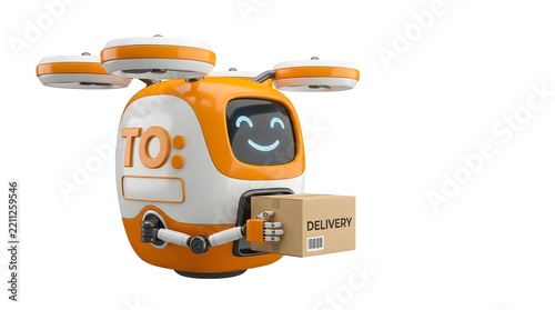 Small Orange Delivery Drone Robot Holding Cardboard Parcel Isolated on White Background
