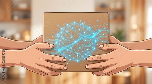 Two Hands Exchanging a Cardboard Package with Glowing Digital Network Overlay Illustration