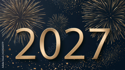 Elegant new year 2027 celebration graphic with golden fireworks and festive typography.