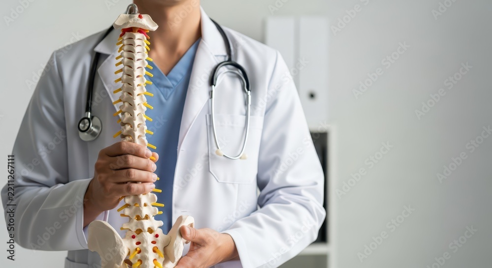 Fototapeta premium Faceless medical professional holding a human spine model, emphasizing spinal anatomy and healthcare services