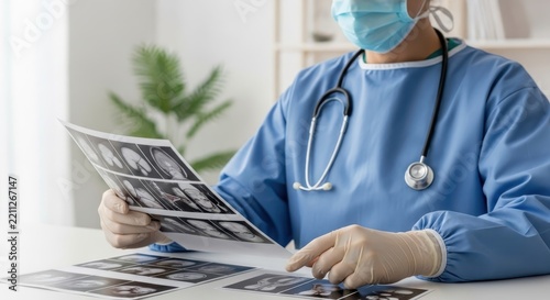 Faceless medical professional in blue scrubs reviews patient scans with a stethoscope, indicating diagnostic focus.