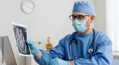 Faceless Pediatric Surgeon in Blue Scrubs Examining Medical Image in a Bright Room