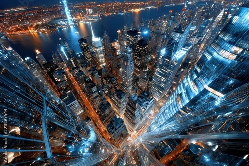View of New York City skyline at night showcasing vibrant lights and towering buildings