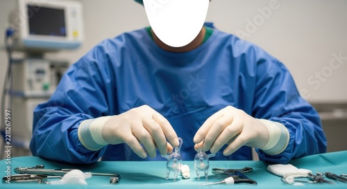 Faceless pediatric surgeon in scrubs preparing surgical instruments for a procedure in a sterile operating room setting