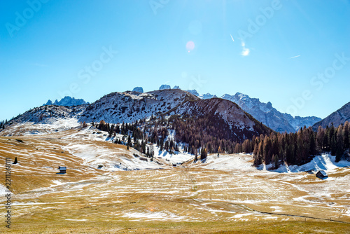 Snow covers the Prato Piazza meadow in the Braies Dolomites