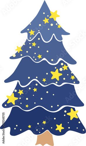 Blue night sky and stars Christmas tree symbol illustration for Christmas holiday and new year event.