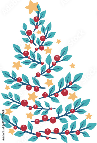 Teal leaves , balls and Christmas Star Christmas tree symbol illustration for Christmas holiday and new year event.