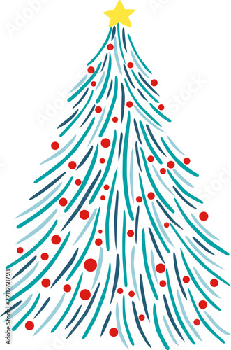 line leaves, Red balls and star Christmas tree symbol illustration for Christmas holiday and new year event.