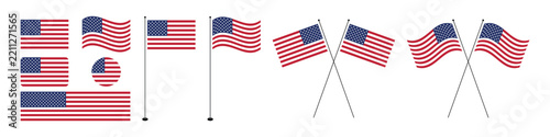 United States Flag. American Flag Icon Featuring Crossed Flagpoles Waving Circle Banner and Straight Shapes Vector Illustration