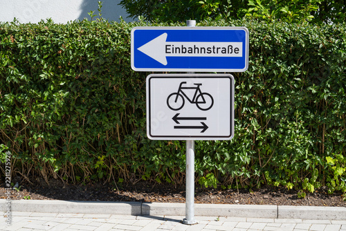 German one way street sign with bicycle exception in Soest