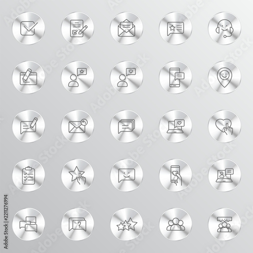 A set of twenty-five metallic circular icons featuring various communication feedback and customer service symbols arranged in a neat grid on a gradient background