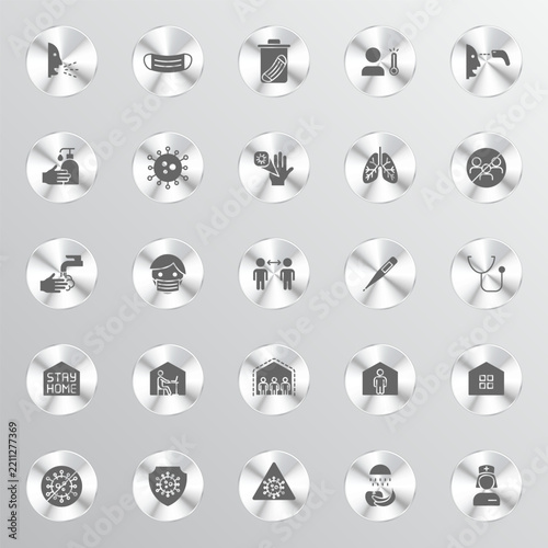 A collection of silver circular icons depicting various health guidelines virus-related symbols and safety protocols for public awareness during a global health crisis