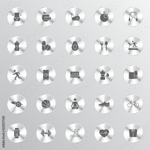 A collection of silver metallic circular icons displaying various fitness health nutrition and exercise symbols arranged in a grid against a neutral grey background
