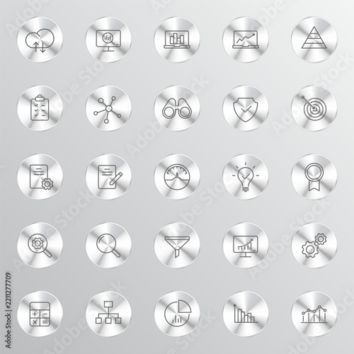 A grid of twenty-five circular metallic buttons each featuring a unique minimalist line icon representing various business data and analytical concepts