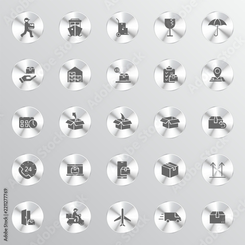 A collection of silver metallic circular icons representing various logistics shipping transportation and delivery services neatly organized in a grid on a gradient background