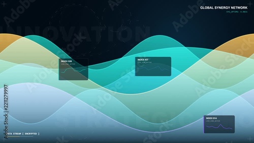 Seamless loop of elegant flowing liquid gradient waves combined with clean corporate typography, business data charts, and innovation metrics.