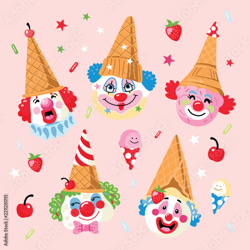 Cute clowns wear ice cream cone hats sugar illustration in bright color