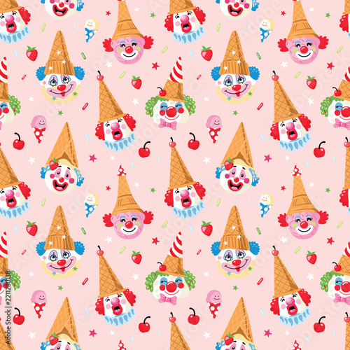 Cute clowns wear ice cream cones and smile happy seamless pattern on pink