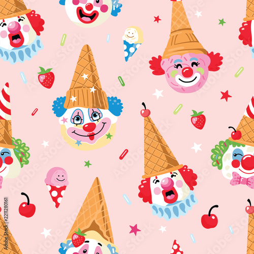 Cute clowns wear ice cream cones and smile happy seamless pattern on pink