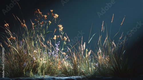 Flowers and grass illuminated by light in a dark setting at an outdoor location
