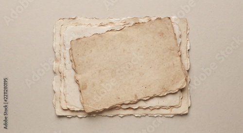 Stack of handmade textured paper sheets with rough deckled edges on a neutral beige background