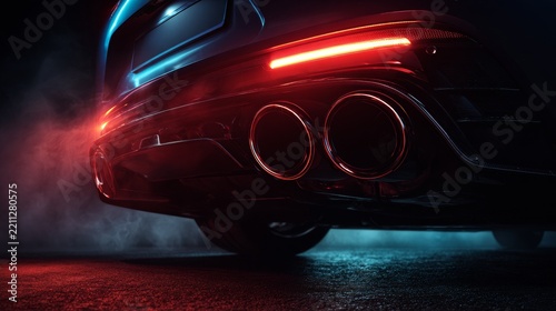 Car exhaust with red and blue lights at night in an urban setting