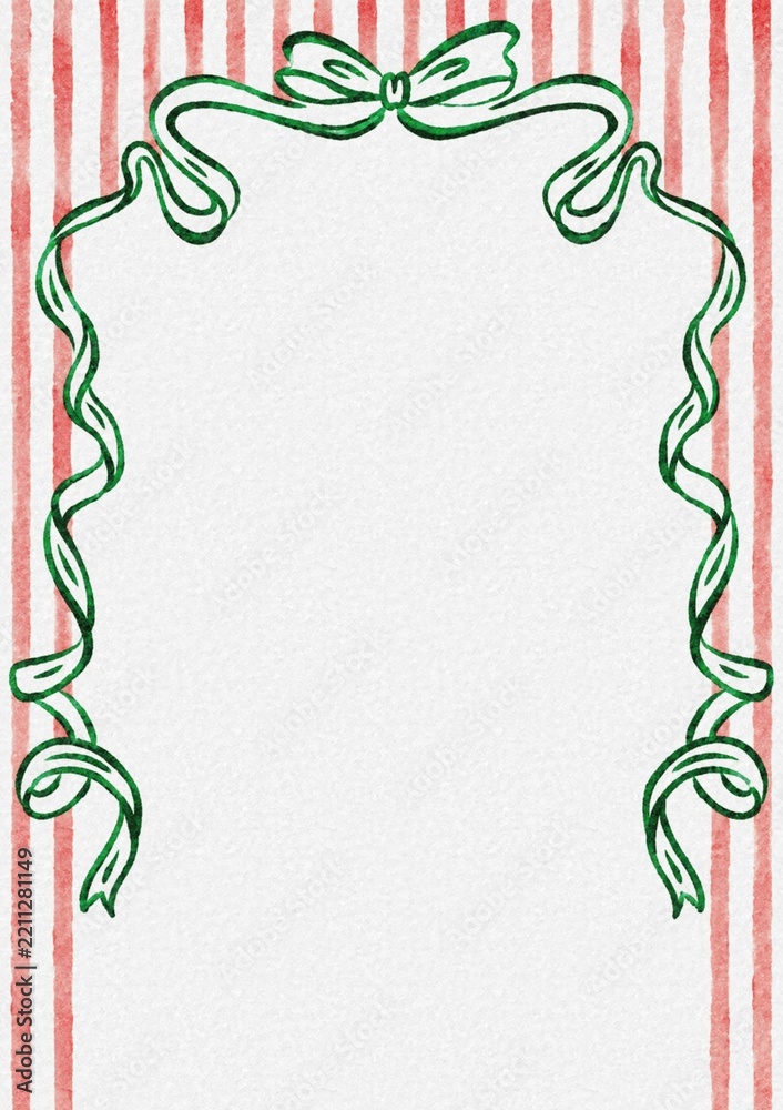 Fototapeta premium Hand painted green ribbon frame with bow on red striped background, Christmas festive border design, vertical stripes, holiday stationery background, paper texture, copy space for text