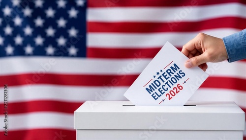 Person casting a ballot in the 2026 midterm elections with US flag