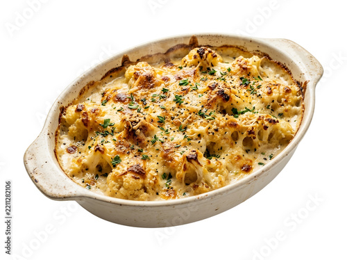 Baked cauliflower gratin casserole with melted golden cheese crust in ceramic baking dish isolated on white background.