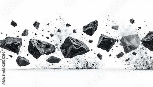 Black Rocks Suspended in Motion Against a Bright White Background
