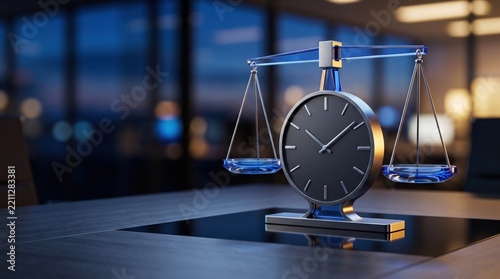 Conceptual image of a clock integrated into balancing scales representing time management and work life balance