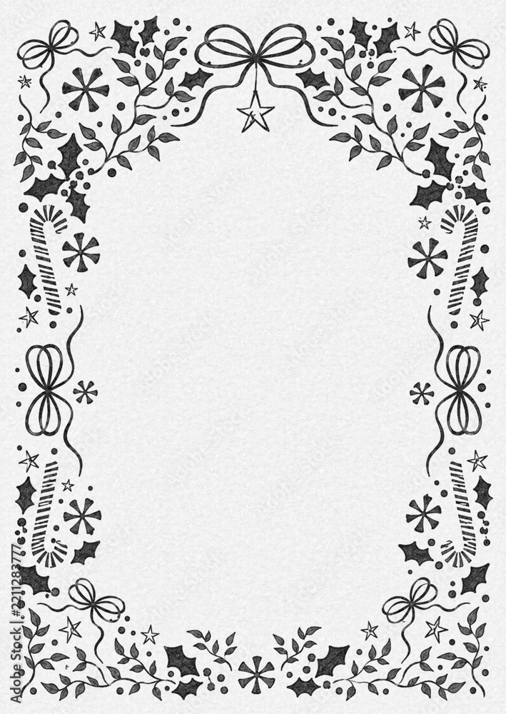 Obraz premium Hand drawn black ink Christmas frame border background, candy canes, ribbons, bow knots, snowflakes, holly leaves, berries, paper texture, winter holiday card layout with blank copy space